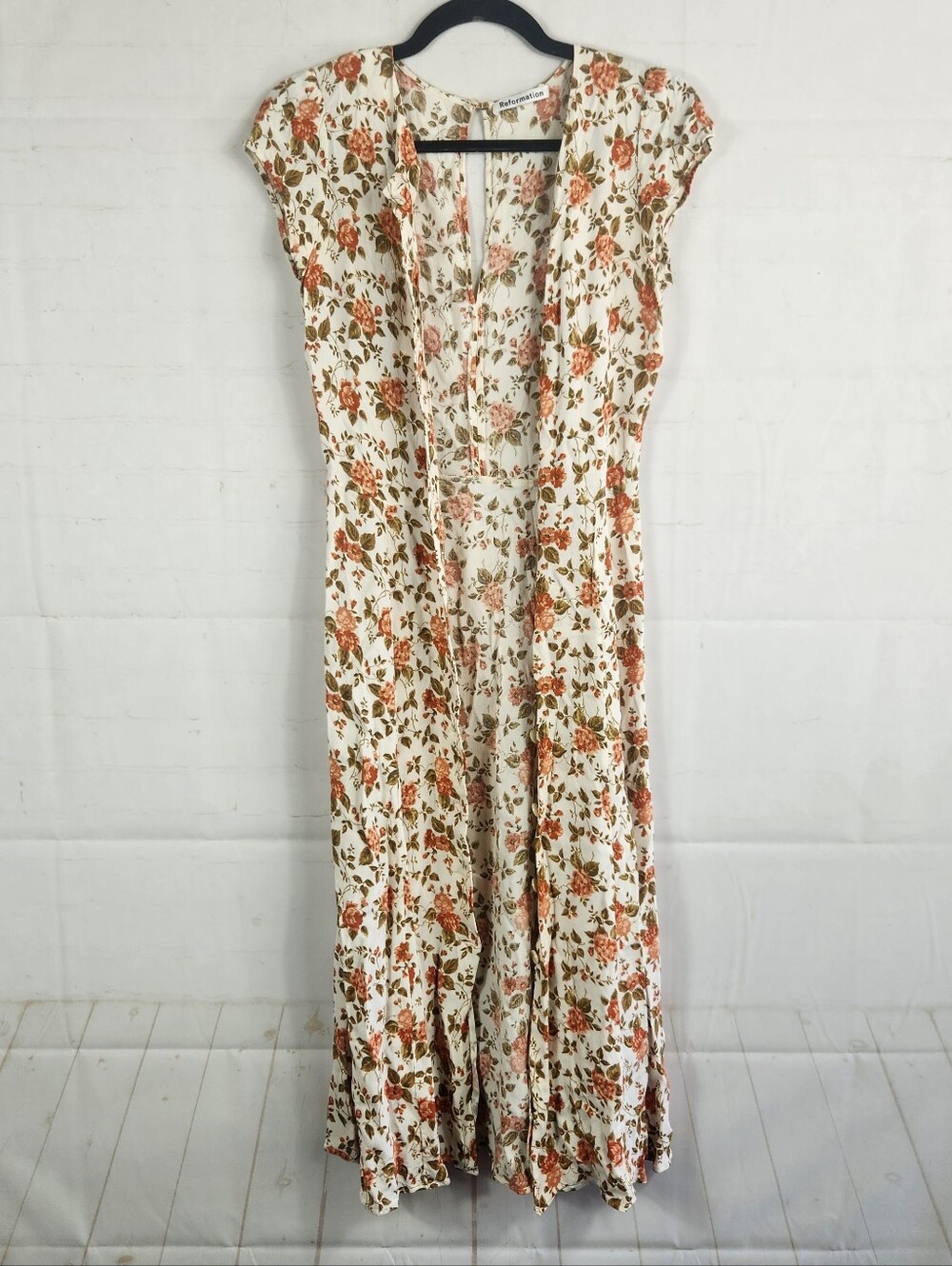 Reformation Fauna Floral Midi Dress Size 2 White Orange Button Front Cottagecore - Picture 10 of 16